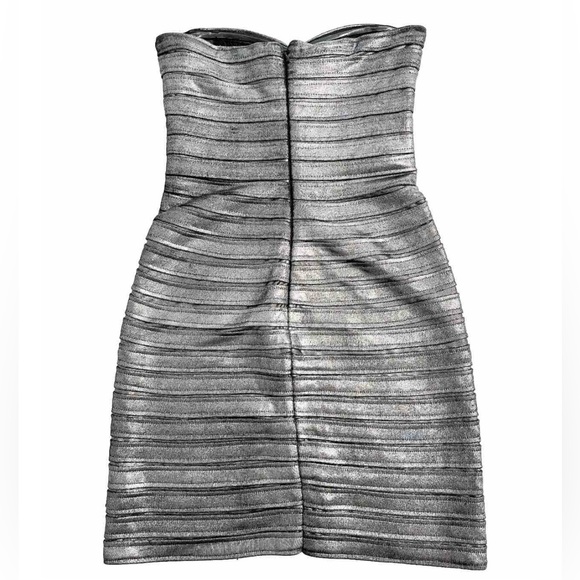 BCBGMAXAZRIA Metallic Silver Bandage Strapless Mini Dress XS Bodycon Party - Picture 4 of 10